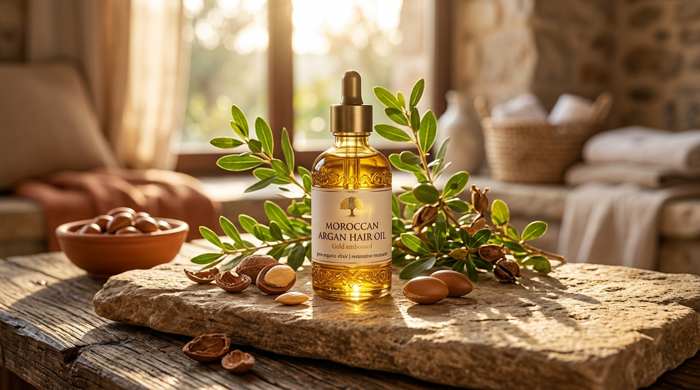 شیشه مجلل روغن آرگان مراکشی اصل و مغزهای آرگان روی سنگ طبیعی